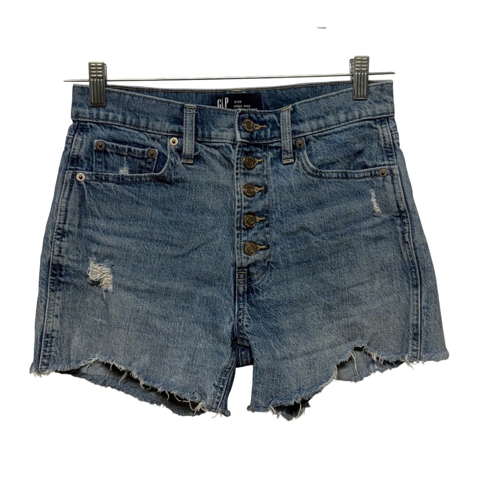 Gap Denim High Rise Cheeky Shorts Blue Distressed Button Fly Raw Hem Size 2/26